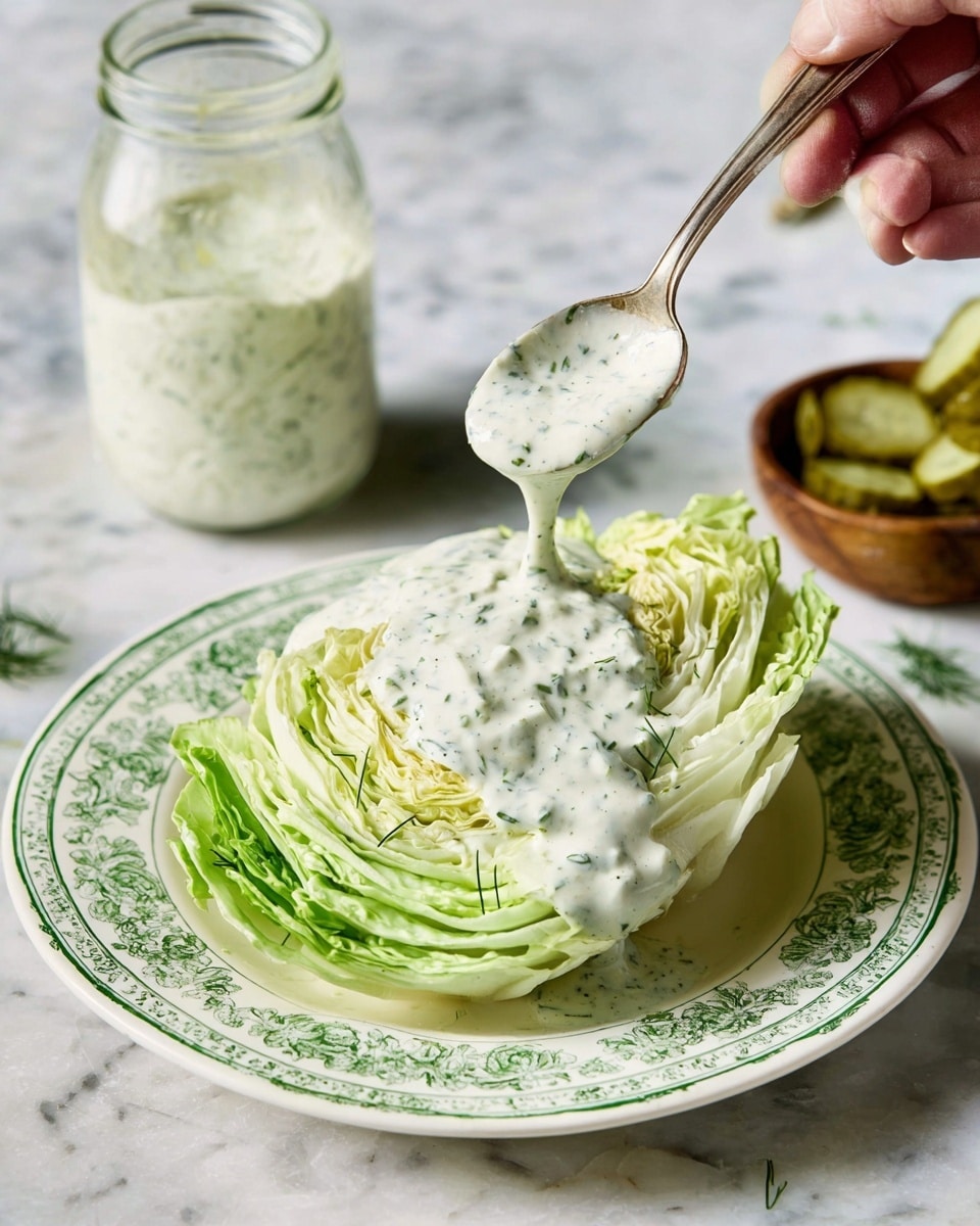 A wedge of iceberg lettuce with tightly packed pale green and white crisp leaves is placed on a white plate with green floral patterns around the edge. A creamy, thick white dressing with green herb specks is being poured over the leafy wedge from a spoon held by a woman's hand. In the background, a clear glass jar filled with the same herb-speckled dressing is visible, along with a small wooden bowl holding crinkle-cut pickle slices. The scene is set on a white marbled surface. photo taken with an iphone --ar 4:5 --v 7