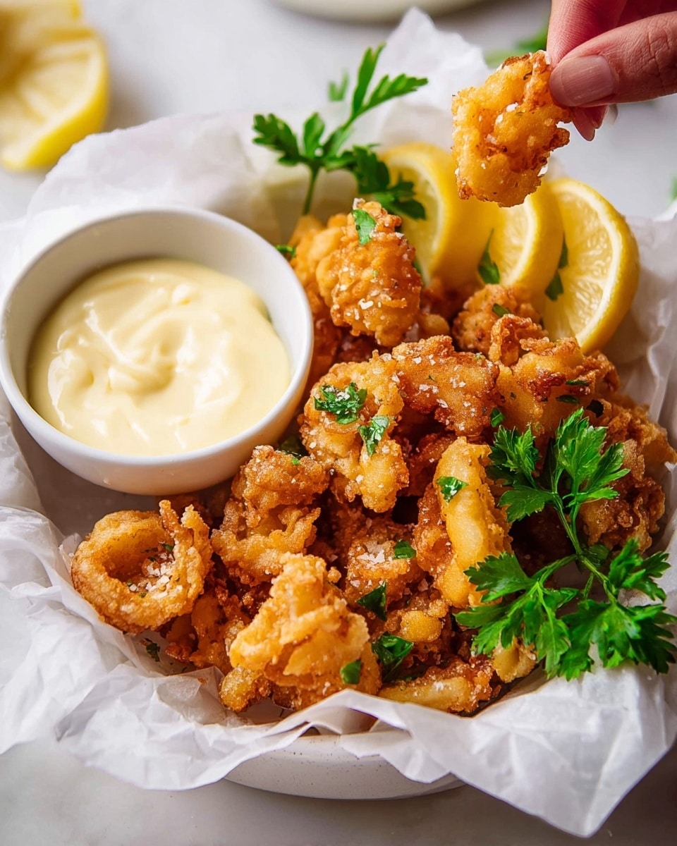 A white plate filled with many pieces of golden-brown fried calamari, showing a crispy and textured surface. Scattered fresh green parsley leaves add a pop of color on top. Several lemon wedges with bright yellow skin and juicy pale inside are placed around the calamari for decoration. A bowl of white creamy dipping sauce is set on the side, with one piece of calamari partly dipped in it. The plate sits on a white marbled surface. photo taken with an iphone --ar 4:5 --v 7