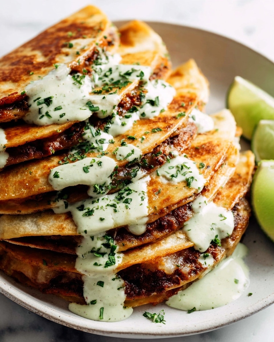 Four folded quesadillas are stacked closely on a white plate set on a white marbled texture. Each quesadilla has two golden-brown crispy tortilla layers with a dark brown, crumbled filling in between. Light green creamy sauce is drizzled unevenly on top and garnished with chopped fresh green herbs. A small lime wedge peeks out from the edge of the plate. Photo taken with an iphone --ar 4:5 --v 7
