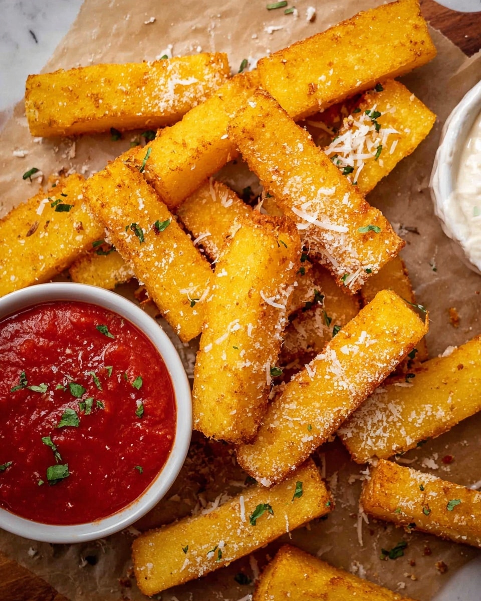 Golden, crispy polenta fries are scattered over a sheet of parchment paper on a white marbled surface. Each fry is thick and rectangular with a crunchy texture, topped with light sprinkles of grated cheese and small bits of green herbs. A white bowl filled with bright red marinara sauce, garnished with herbs, sits near the fries. Part of another white bowl with a creamy white dip is visible at the top right corner. The overall scene looks warm and inviting. photo taken with an iphone --ar 4:5 --v 7