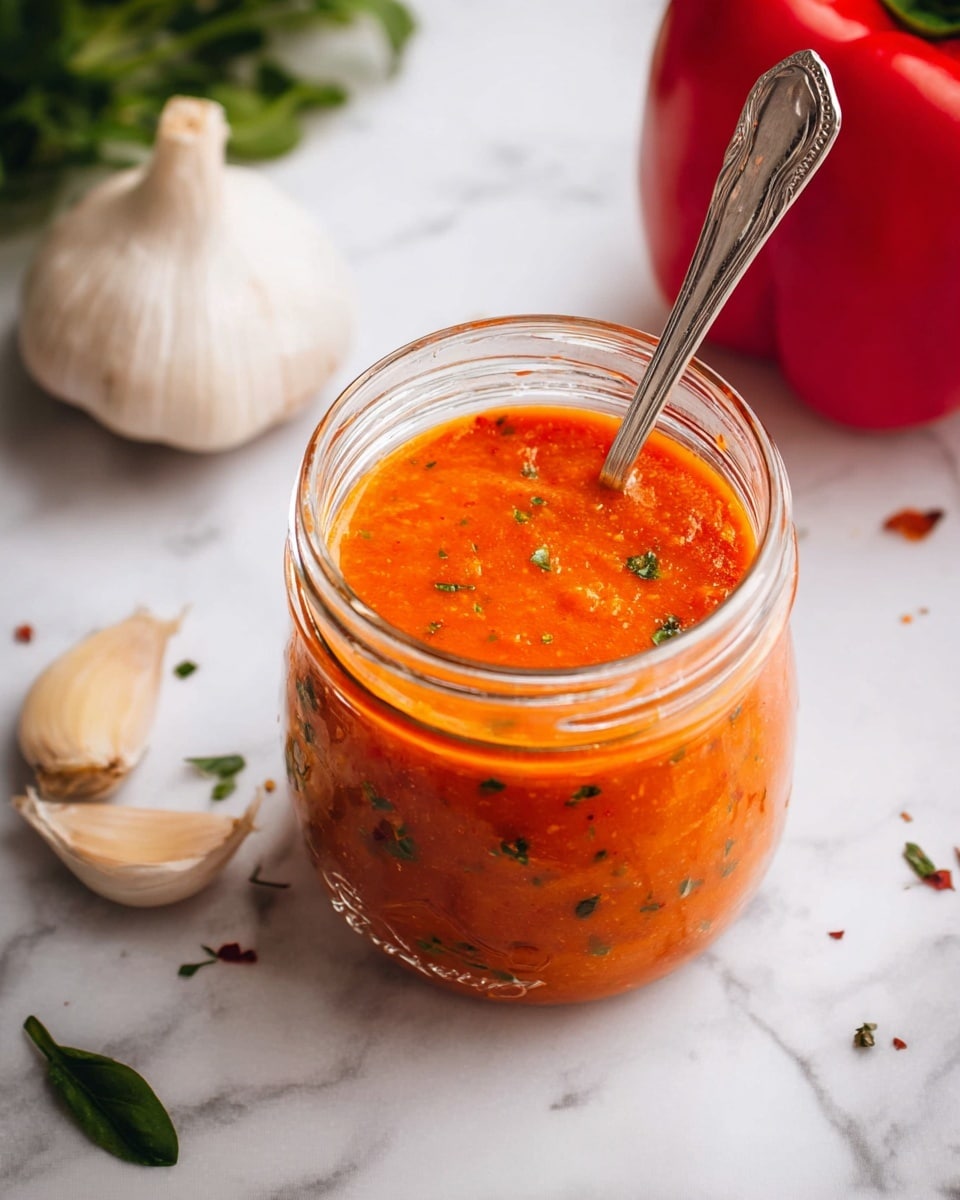 A clear glass jar filled with bright orange red sauce with tiny green herb bits, with a silver spoon inside the jar. Around the jar are a whole garlic bulb with one loose clove beside it on the left side, some green herbs at the top left corner, and a whole red bell pepper on the right side. All items sit on a white marbled surface. photo taken with an iphone --ar 4:5 --v 7
