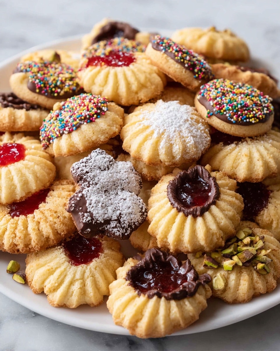 A large white plate filled with various butter cookies, each with different decorative toppings and shapes, arranged in a loose pile. The cookies have a golden-brown color with a rich texture showing ridges and swirls. Some cookies are half-dipped in dark chocolate and sprinkled with colorful rainbow sprinkles, chopped pistachios, or shredded coconut. Other cookies have a red jam center, while a few are dusted with powdered sugar. The surface beneath the plate is a white marbled texture, adding brightness to the scene. The photo has soft natural lighting, highlighting the cookies' details and textures. Photo taken with an iphone --ar 4:5 --v 7