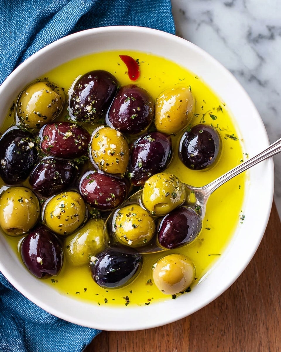 A white bowl filled with two types of glossy olives, green and dark purple, mixed together and covered in a bright yellow olive oil layer that almost reaches the edges of the bowl. Small pieces of red chili, garlic slices, and sprinkled herbs float in the oil, adding texture and color contrast. A silver spoon rests on the edge of the bowl, partially submerged in the oil. The bowl sits on a wooden surface with a blue cloth draped nearby on a white marbled texture background. Photo taken with an iphone --ar 4:5 --v 7