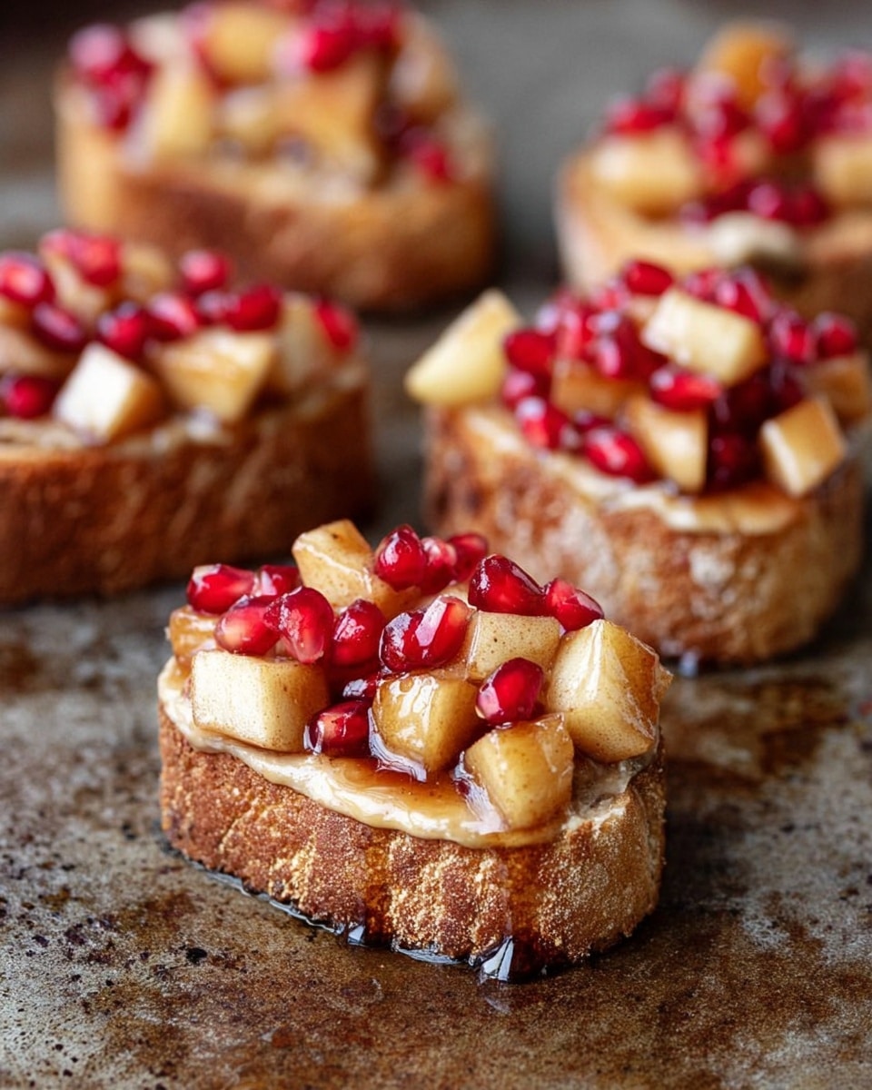 The image shows several small toast slices, each with three clear layers. The bottom layer is a crunchy, golden-brown bread slice with a rough texture. On top of the bread is a creamy, light beige spread, smooth and slightly glossy. The top layer is made of small, soft, caramelized apple cubes mixed with bright red pomegranate seeds, creating a contrast of warm beige and vivid red colors. This mixture appears glossy with syrup dripping gently over the sides of the toast. The toasts are placed on a dark, rustic surface with a rough texture, slightly blurred in the background. photo taken with an iphone --ar 4:5 --v 7