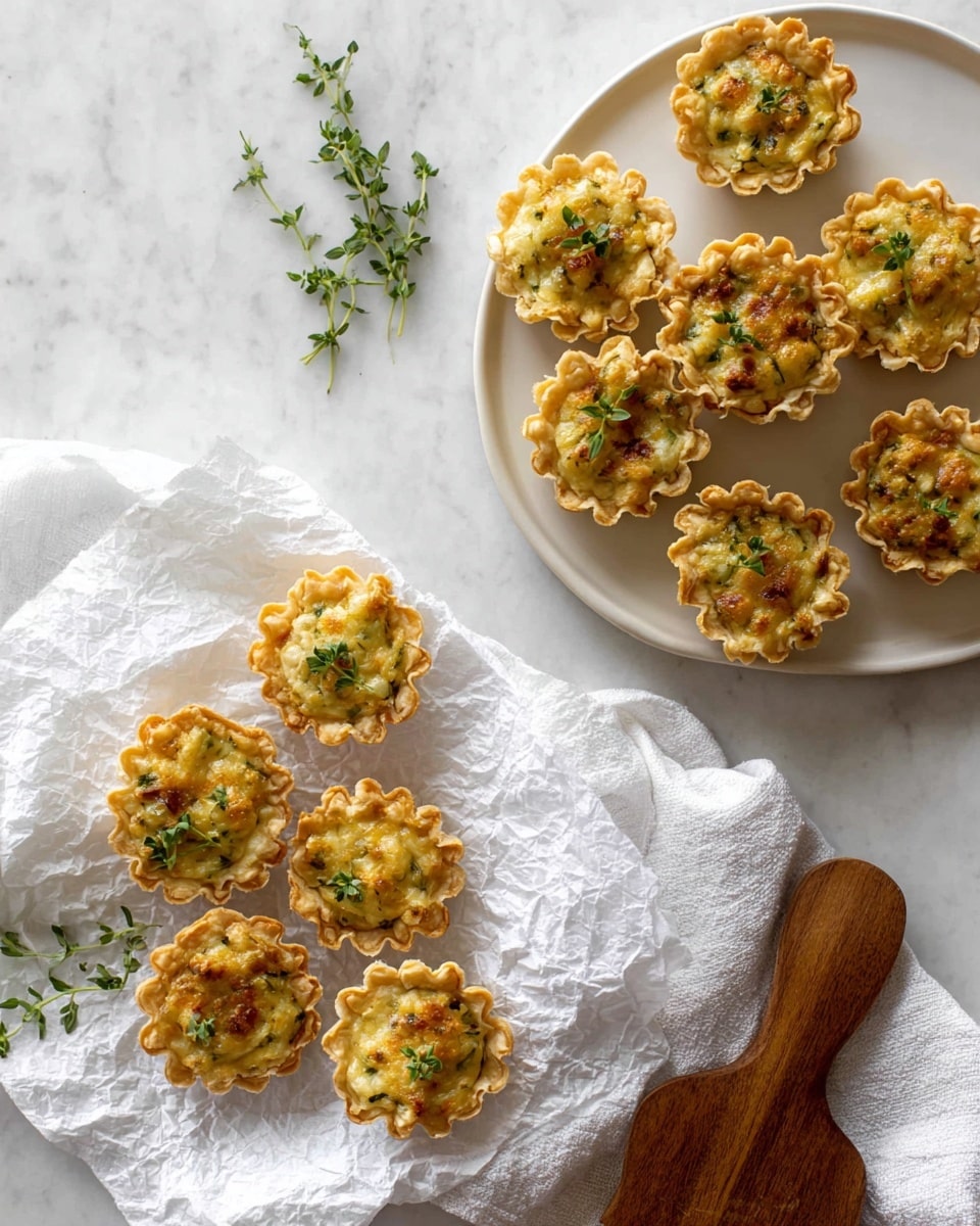 The image shows small bite-size savory tarts arranged in two groups. One group of seven tarts is placed neatly on a round white plate at the top right side, each tart having a golden-brown flaky crust shaped like a flower with wavy edges. The filling, which is golden with bits of green herbs and browned melted cheese, sits slightly above the crust rim, giving a textured and creamy look. Another group of five tarts is placed on a white crinkled paper on the bottom left side, showing the same filling and crust details but arranged irregularly. Fresh sprigs of green herbs are scattered near the top left corner. A white cloth napkin with visible soft folds is on the bottom right corner, partially covering a wooden tool with a rich wood grain. The whole scene is set against a clean white marbled surface, giving a simple and fresh look. photo taken with an iphone --ar 4:5 --v 7