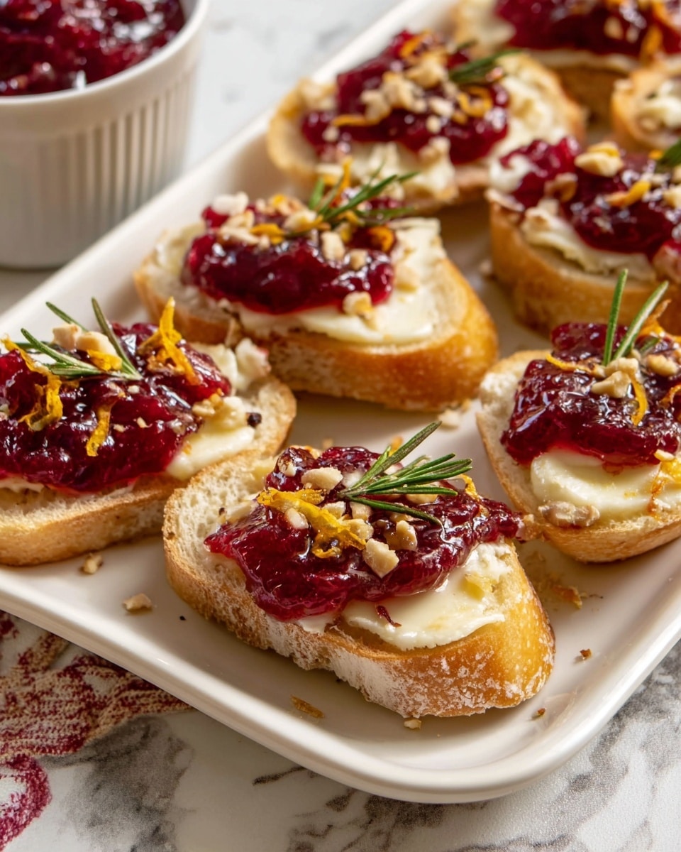 The image shows a white rectangular plate filled with multiple small open sandwiches. Each sandwich has a bottom layer of light toasted baguette slice, topped with a creamy white melted cheese layer. On top of the cheese, there is a thick red cranberry sauce layer with a glossy texture. The sandwiches are sprinkled with small chopped nuts and bright orange zest, adding color and texture. A small green rosemary sprig decorates each sandwich, placed on top. The plate is set on a white marbled surface, and part of a white bowl with extra cranberry sauce is visible on the left side. photo taken with an iphone --ar 4:5 --v 7
