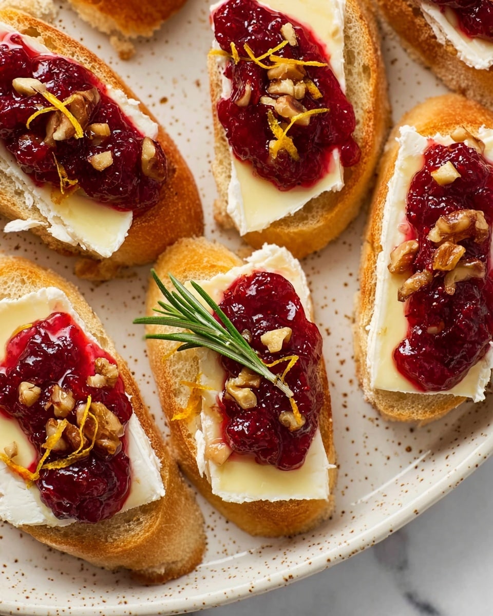 The image shows several slices of toasted baguette arranged on a white speckled plate set on a white marbled texture. Each slice is topped with one layer of creamy soft cheese with a pale yellow border and white center, followed by a thick spread of bright red cranberry sauce. On top of the sauce, there are small pieces of chopped nuts scattered along with thin strips of orange zest and a small sprig of green rosemary placed near the center. The texture of the bread is crisp and slightly golden, contrasting with the smoothness of the cheese and the chunky, glossy texture of the cranberry sauce. Photo taken with an iphone --ar 4:5 --v 7