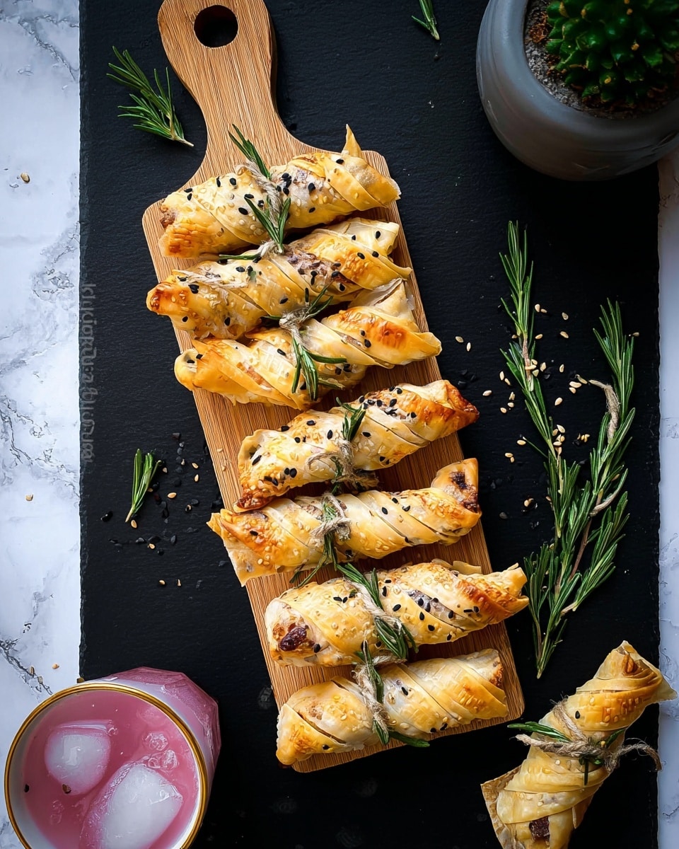 There are six golden brown crispy wrapped snacks that look like candies, each with twisted ends tied with a green rosemary sprig. The snacks have black sesame seeds sprinkled on top, showing a flaky and slightly shiny texture. Five snacks are arranged on a small light wooden board with a handle and one is placed next to the board on the black surface. Small green rosemary sprigs are scattered around, and in the top right corner, there is a grey pot with a green plant. In the bottom right corner, a white cup with pink liquid and ice cubes is partially visible. The background is a white marbled texture. Photo taken with an iphone --ar 4:5 --v 7