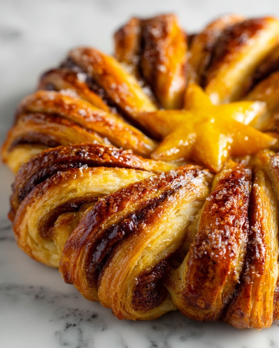 A close-up of a baked pastry shaped like a star with many layers twisted around the center; the outer layers have a golden-brown flaky crust with darker brown cinnamon swirls, giving a striped look on each twisted segment, and the center has a bright golden-yellow star-shaped piece with a shiny, glazed finish. The pastry shows at least three distinct twisted layers with the cinnamon filling visible between the layers. The background is a white marbled texture. Photo taken with an iphone --ar 4:5 --v 7