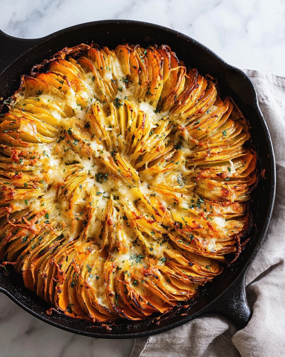 A round black cast iron pan holds a baked potato and sweet potato dish arranged in many thin, vertical layers that alternate between light yellow potato and orange sweet potato, standing upright in a swirling pattern from the center out to the edges. The top layers are golden-brown and slightly crispy with melted white cheese scattered on them, along with small bits of green herbs sprinkled throughout. The pan rests on a white marbled surface with a light gray cloth nearby. Photo taken with an iphone --ar 4:5 --v 7