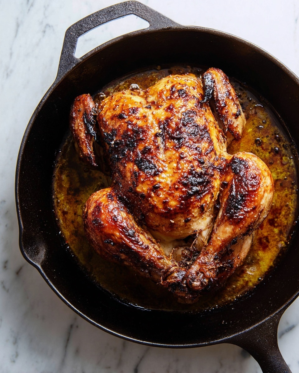 A golden-brown roasted chicken with crispy skin covered in black pepper and herbs sits flattened in a black cast iron pan. The chicken's wings and legs are spread out, with the legs at the bottom and the wings extended to the sides. Fresh green rosemary sprigs are placed around the chicken, adding a touch of green color and texture. The pan rests on a white marbled surface, creating a clean background that contrasts with the rich, warm tones of the chicken and herbs. Photo taken with an iphone --ar 4:5 --v 7
