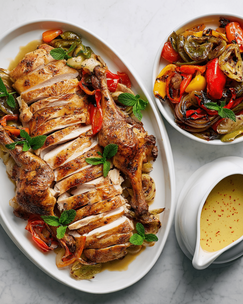 A large white oval plate holds a sliced roasted chicken breast arranged neatly in two rows on the left side, showing white tender meat with a golden-brown crispy skin. On the right side of the plate, there are two roasted chicken legs and two wings with browned, textured skin, laid over a bed of grilled peppers and onions, which are slightly charred and colorful in reds, yellows, and greens. Fresh bright green mint leaves are placed sporadically atop the chicken and vegetables. To the right of the main plate, there is a white bowl filled with more grilled peppers and onions, showing varied wrinkled textures and roasted colors including red, green, and orange. Below the bowl, a white gravy boat contains a light yellow creamy sauce with visible pepper flakes. All items rest on a white marbled surface. Photo taken with an iphone --ar 4:5 --v 7