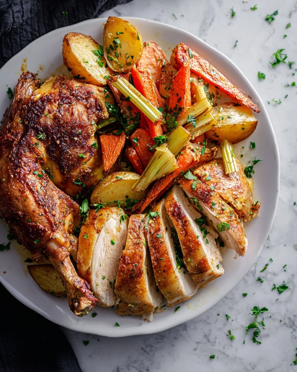 A white plate shows a roasted chicken dish with three main parts: on the left, there is a crispy, browned chicken leg; in the center, sliced chicken breast with golden brown skin and tender light pinkish white meat inside, arranged in overlapping pieces; on the upper half, a mix of roasted vegetables including orange carrot sticks, yellowish potato wedges, and light green stalks, all sprinkled with chopped fresh green herbs, sitting on a white marbled surface with some scattered herbs around. photo taken with an iphone --ar 4:5 --v 7