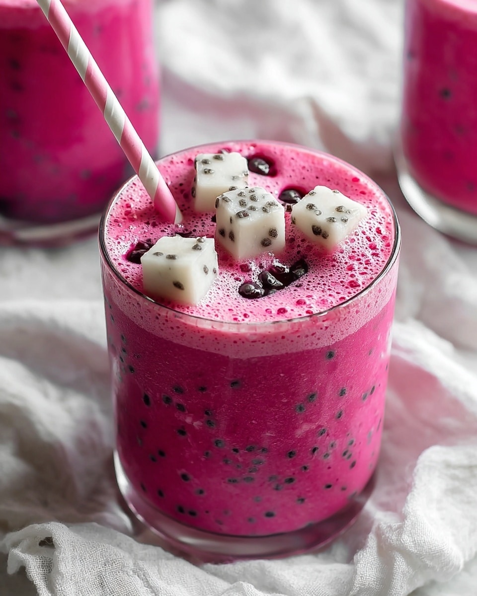 A clear glass filled with a bright pink thick smoothie showing tiny black seeds spread evenly inside. The top layer has pink frothy bubbles and is decorated with three white cubes sprinkled with black seeds and small dark round toppings scattered around them. A white straw with pink stripes leans inside the glass on the left side. The glass sits on a soft white marbled surface with a slightly wrinkled white cloth beneath it, and parts of two other similar glasses can be seen out of focus in the background. photo taken with an iphone --ar 4:5 --v 7