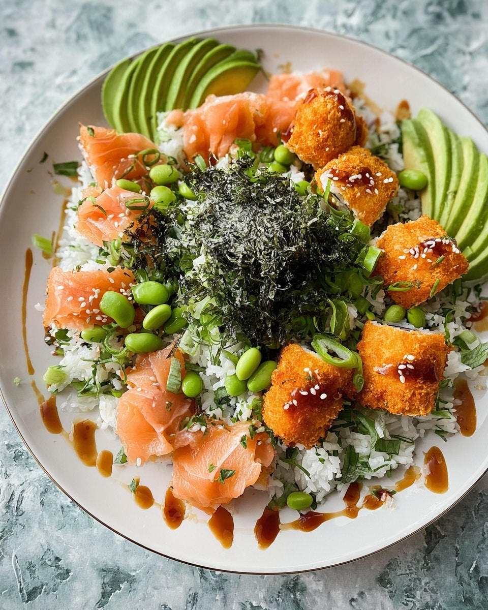 A white plate filled with a base layer of white rice mixed with chopped green herbs. On top, there are pieces of fresh light pink salmon sashimi placed around the edges. The center has dark green shredded seaweed topped with toasted white sesame seeds. There are six orange, crispy fried sushi rolls with white filling placed in a ring around the seaweed. Bright green edamame beans and chopped green onions are scattered on top. On one side, there are three curved slices of green avocado. Light brown sauce is drizzled around the plate edges over the white marbled textured surface. Photo taken with an iphone --ar 4:5 --v 7