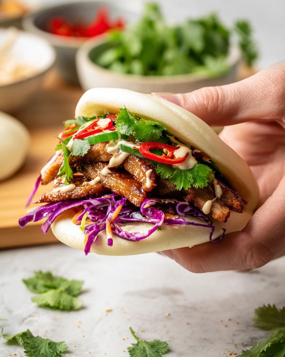 A close-up of a white soft bun sandwich held by a person's hand, filled with several layers: at the bottom, bright purple shredded cabbage, followed by thin slices of red chili pepper, a few green cilantro leaves on top, and golden-brown crispy cooked meat strips in the middle. A light creamy sauce is drizzled over the meat and vegetables. The background shows a white marbled texture with scattered cilantro leaves and some out-of-focus bowls and ingredients. photo taken with an iphone --ar 4:5 --v 7