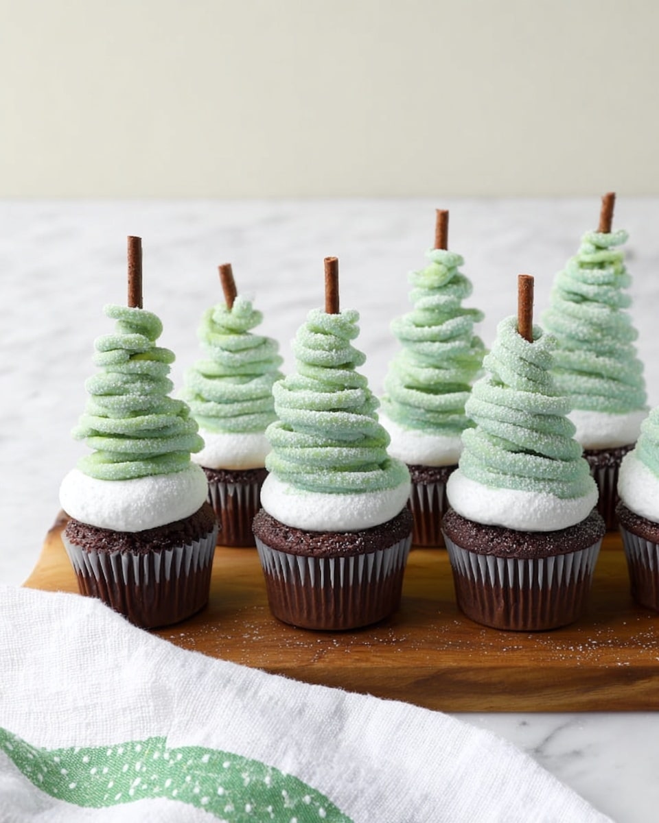 The image shows a group of six chocolate cupcakes arranged in rows on a wooden board placed on a white marbled surface. Each cupcake has a dark brown base with a smooth white powdered sugar layer on top. On this, there is a tall, wavy, light green frosting layer that looks like twisted tree branches or spirals, sprinkled lightly with white sugar. Each frosting tower is topped with a small brown stick standing straight up. A white cloth with green dots and stripes lies in front of the board. The background is simple and plain white. photo taken with an iphone --ar 4:5 --v 7