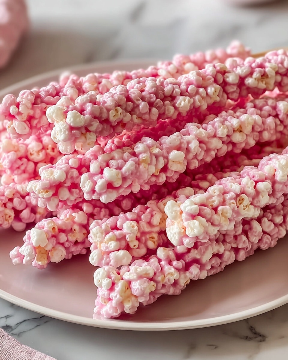 A close-up view of several pink and white rice crispy treats shaped into long, textured sticks, each with a bumpy surface of puffed rice cereal coated in a glossy, soft pink marshmallow layer with white spots. They are arranged slightly overlapping on a shiny white plate placed on a wooden surface, with out-of-focus light-colored kitchen furniture in the background. photo taken with an iphone --ar 4:5 --v 7