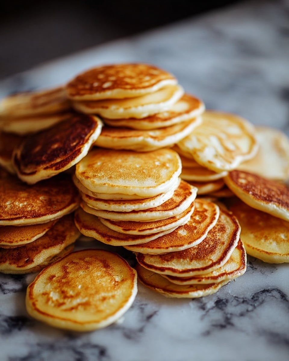 A large pile of small, round pancakes stacked on top of each other is spread out on a surface with a white marbled texture. The pancakes show different shades of golden brown, with some darker spots, giving them a cooked, textured look. The surface behind the pancakes is blurred, emphasizing the stack, and the lighting highlights the warm colors of the pancakes. Photo taken with an iphone --ar 4:5 --v 7