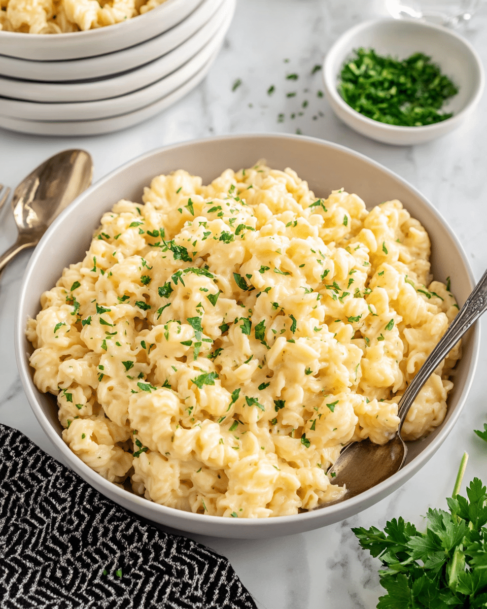 A white bowl filled with creamy, pale yellow cheesy pasta showing a soft and smooth texture, lightly sprinkled with small green parsley pieces on top. The bowl sits on a white marbled surface with a black and white zigzag cloth partially visible on the left and fresh parsley leaves at the bottom right. A small white bowl with chopped green herbs and stacked white bowls with silver forks are placed in the background. An old silver spoon lies on the surface near the bowl. Photo taken with an iphone --ar 4:5 --v 7