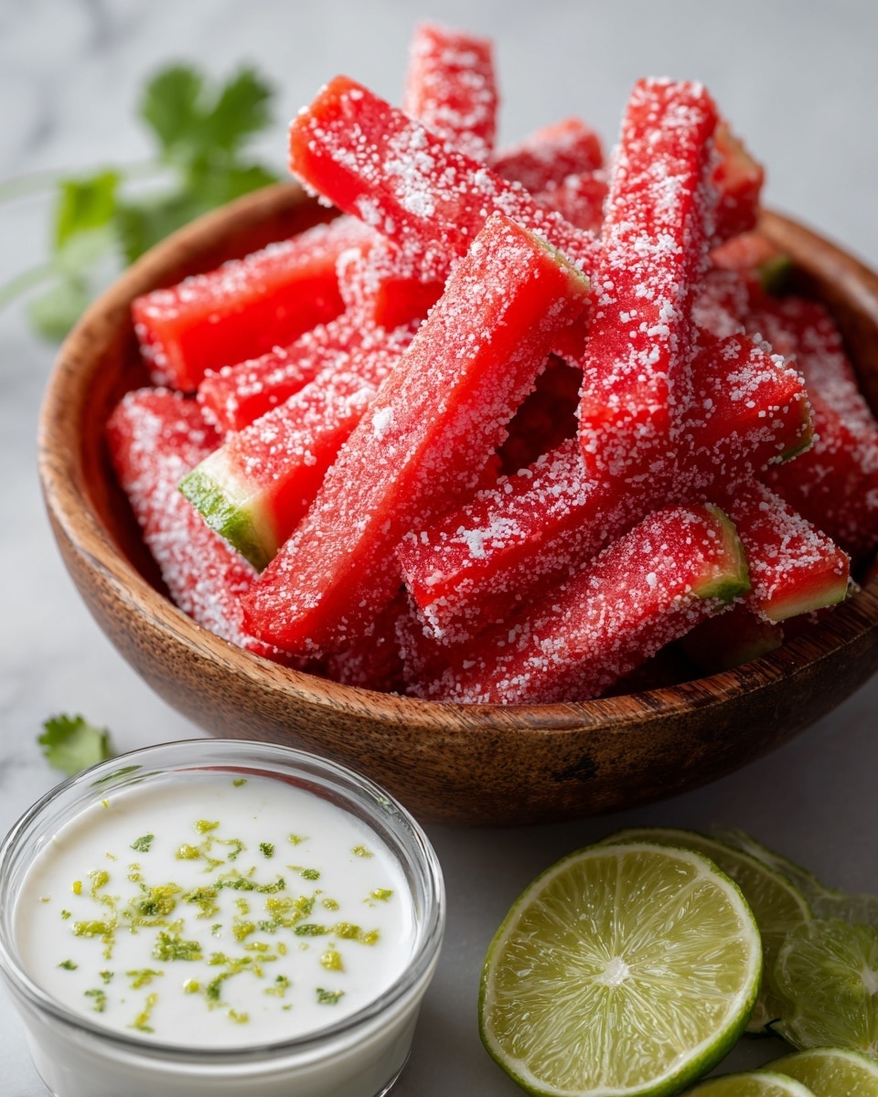 A wooden bowl holds bright red carrot sticks cut into long, thin layers, sprinkled with coarse salt and small green herbs. Next to the carrots inside the bowl is a clear glass bowl filled with white creamy dip, topped with finely chopped green herbs. In the background, there are four lime wedges with a fresh green color placed on a white marbled surface. photo taken with an iphone --ar 4:5 --v 7