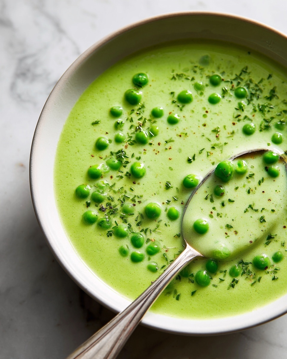 A close-up of a shallow white bowl filled with creamy green pea soup, showing one main layer of thick, pale green liquid mixed with bright green whole peas scattered throughout. The soup has a smooth, slightly glossy texture with small bits of herbs sprinkled on top, adding spots of darker green color. A silver spoon is partially submerged near the right side of the bowl, lifting some soup and peas, reflecting light gently. The bowl rests on a white marbled surface, enhancing the fresh look of the dish. Photo taken with an iphone --ar 4:5 --v 7