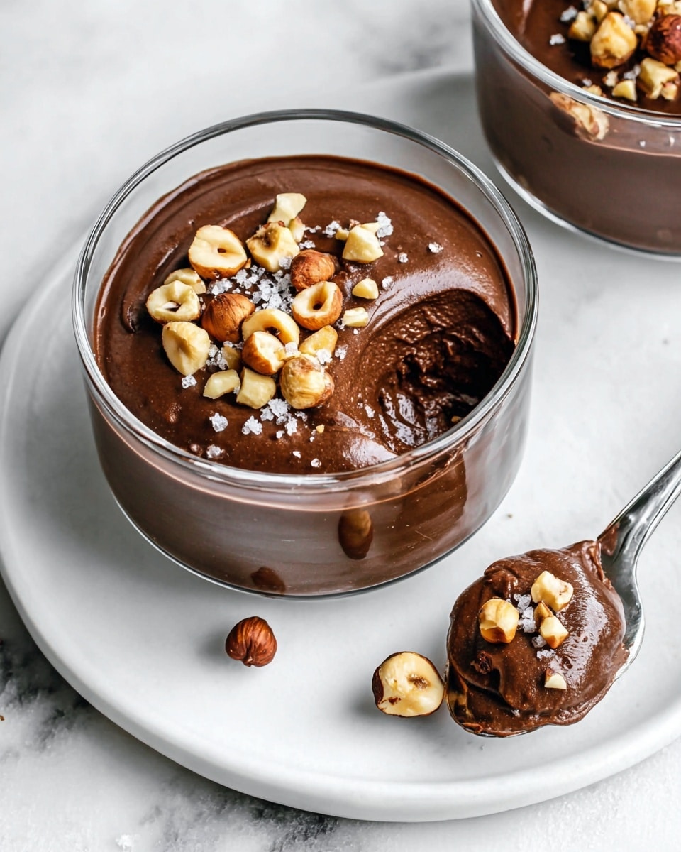 A clear glass bowl filled with smooth, dark brown chocolate mousse, topped with a sprinkle of roughly chopped light brown hazelnuts and small flakes of sea salt. Next to the bowl, a spoon rests on a white plate, holding a generous scoop of the creamy chocolate mousse with a few hazelnuts beneath it. The background shows a white marbled texture. The mousse appears rich and thick, with a glossy surface, and the nuts add a crunchy contrast. photo taken with an iphone --ar 4:5 --v 7