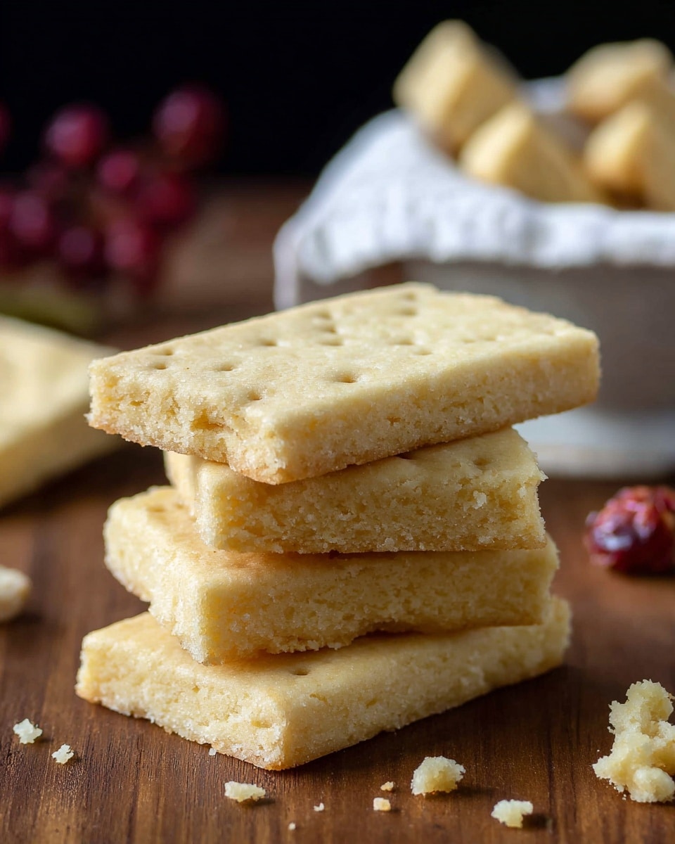 A stack of four rectangular shortbread cookies with a pale golden color and crumbly texture sit on a wooden surface. Each cookie shows a slightly rough surface with small holes pressed evenly on the top layer. There are a few crumbs scattered around the base, adding to the crumbly look. In the background, more cookies are visible in a white bowl lined with a white cloth, and some blurred red berries provide a soft contrast to the warm tones of the cookies and wood. The overall look is cozy and simple, with a focus on the texture and shape of the shortbread. photo taken with an iphone --ar 4:5 --v 7