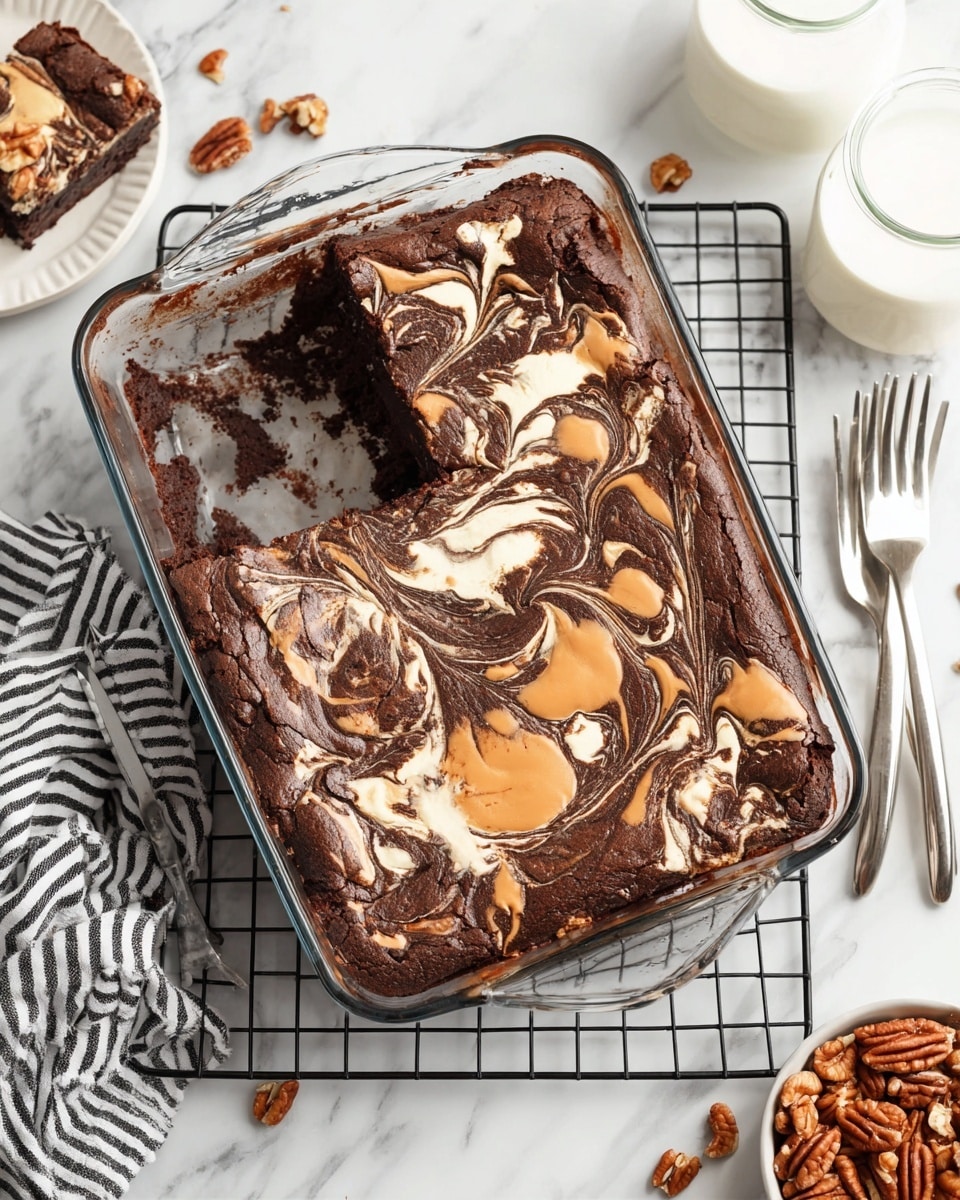 A rectangular glass baking dish holds a chocolate and cream swirled brownie with two small portions removed from the top left and bottom left corners. The top layer shows a rich dark brown chocolate base with creamy light caramel and white swirled patterns, creating an artistic marbled effect across the whole surface. The brownie appears moist and slightly raised in some areas, showing a soft and chewy texture. The dish is placed on a black cooling rack set on a white marbled surface, surrounded by a white plate with three forks, two glasses of milk, some pecans in a white bowl, and a striped black and white cloth partially visible. photo taken with an iphone --ar 4:5 --v 7