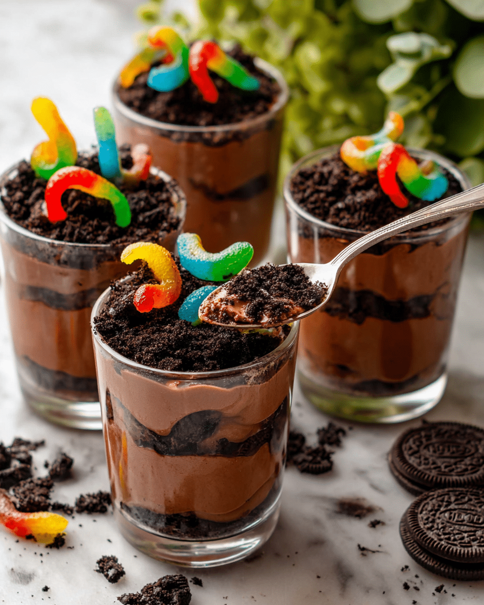 Four clear cups show a three-layered dessert. The bottom layer is smooth, light brown chocolate pudding, the middle layer is crushed dark Oreo cookie crumbs, and the top layer is a mix of chocolate pudding and more Oreo crumbs. Each cup is topped with colorful gummy worms partially buried in the crumbs. One cup has a spoon scooping some pudding from the top. These cups sit on a white marbled surface with a few Oreo cookies and gummy worms scattered around. A green plant is slightly visible on the right side. photo taken with an iphone --ar 4:5 --v 7