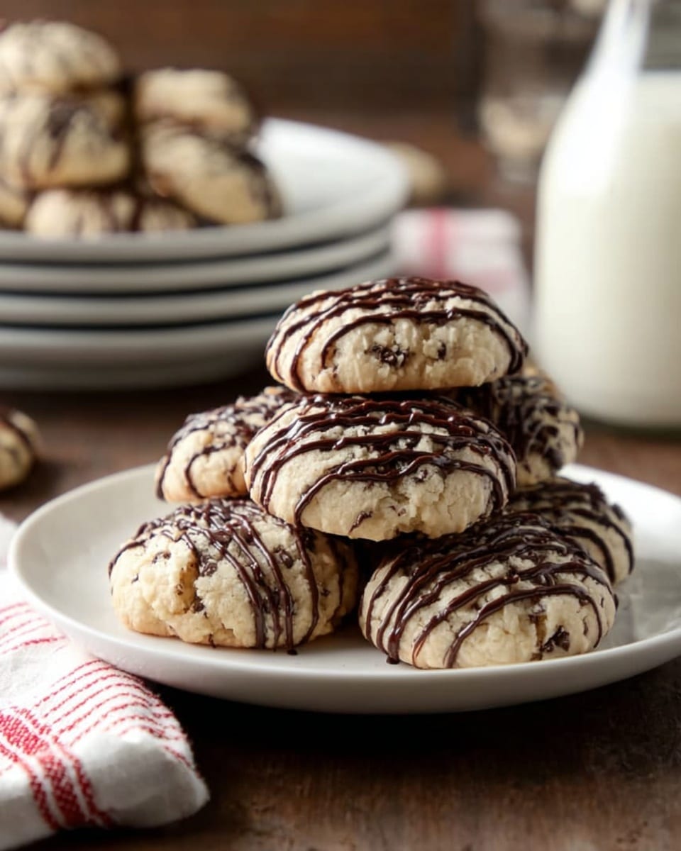 A white plate filled with a stack of six round cookies, each cookie has a light beige color with small dark chocolate chunks inside, and they are drizzled with thin dark brown chocolate lines in a random criss-cross pattern on top. In the background, there is a stack of white plates with more cookies and two glass milk bottles filled with white milk, one with a red and white striped straw. The scene is set on a white marbled texture. Photo taken with an iphone --ar 4:5 --v 7