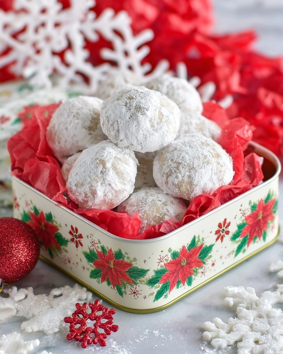 A white tin box decorated with red poinsettias and green leaves holds several round snowball cookies covered in white powdered sugar. The cookies are piled in two layers inside the box, which is lined with bright red crinkled tissue paper that peeks out around the edges. The box sits on a white marbled surface, partially on top of white snowflake-shaped decorations, giving a festive holiday feel. A small red snowflake ornament is attached to the front corner of the tin box. photo taken with an iphone --ar 4:5 --v 7