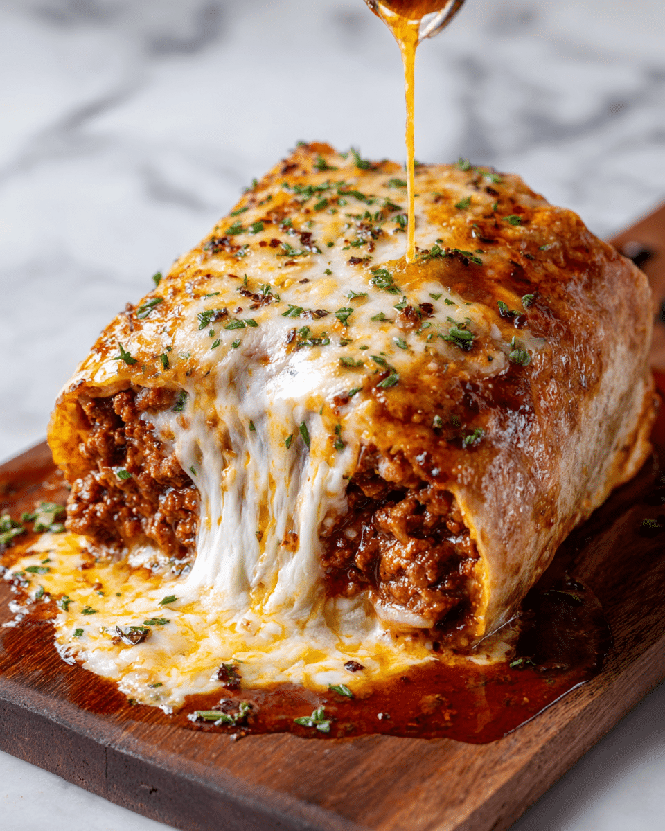 The image shows a stuffed bread roll cut open at one end, revealing a thick layer of melted, gooey cheese mixed with rich, chunky ground meat in a red sauce inside. The outer bread crust is golden brown with a slightly shiny baked texture, topped with a sprinkling of green herbs. The bread has slits on top, showing the chewy, soft interior under the crust. The roll sits on a wooden board with some sauce and meat spilled out around the cut end. The background is softly blurred with a black bowl holding fries on the side, all placed on a white marbled texture surface. photo taken with an iphone --ar 4:5 --v 7