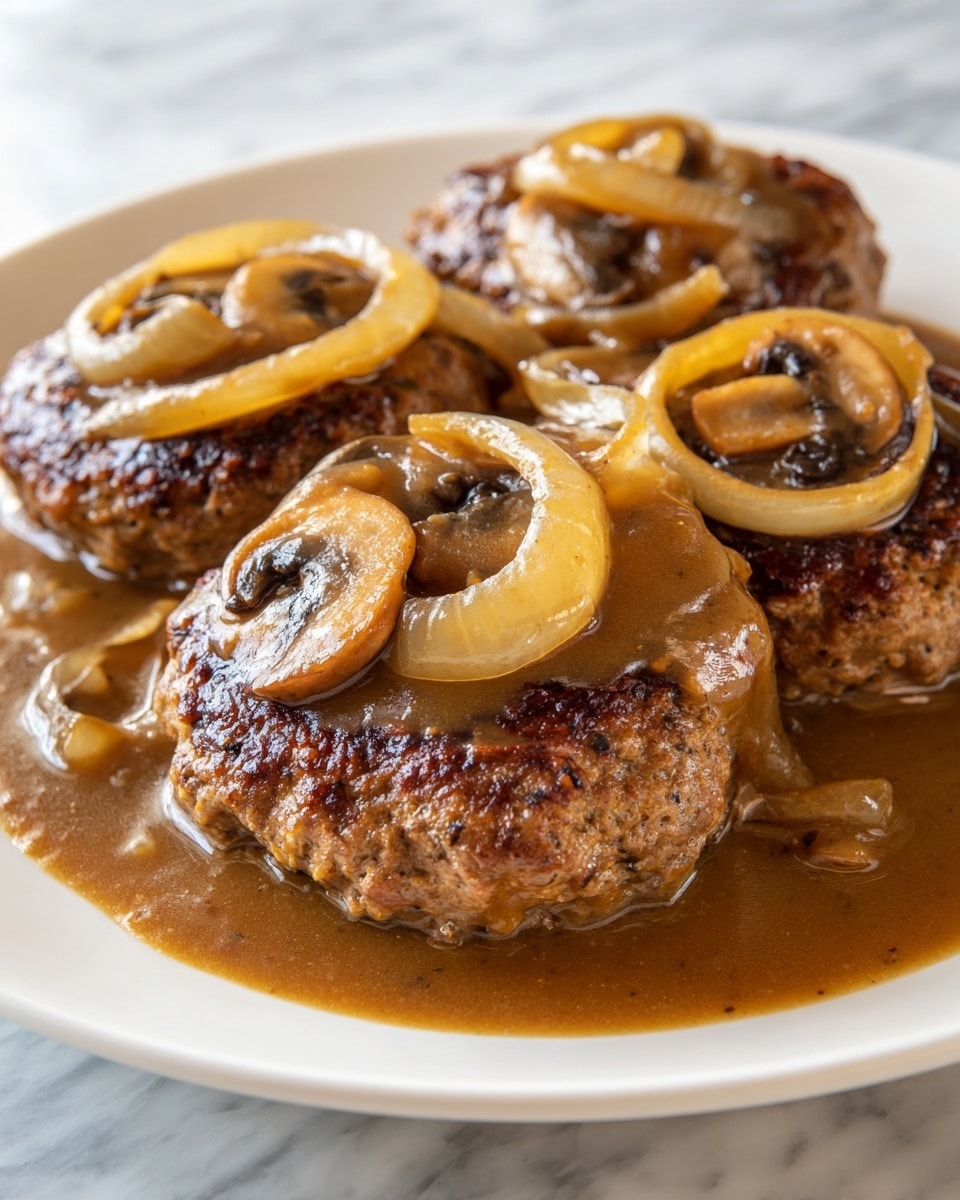 Three browned meat patties sit in a shallow pool of thick brown gravy on a white plate. The patties are topped with slices of cooked yellow-brown mushrooms and surrounded by thin, translucent caramelized onion rings soaked in the same gravy. The surface of the patties is textured and slightly crisp, while the gravy looks rich and glossy. The close-up view captures the moist, savory details clearly against a white marbled texture background. photo taken with an iphone --ar 4:5 --v 7