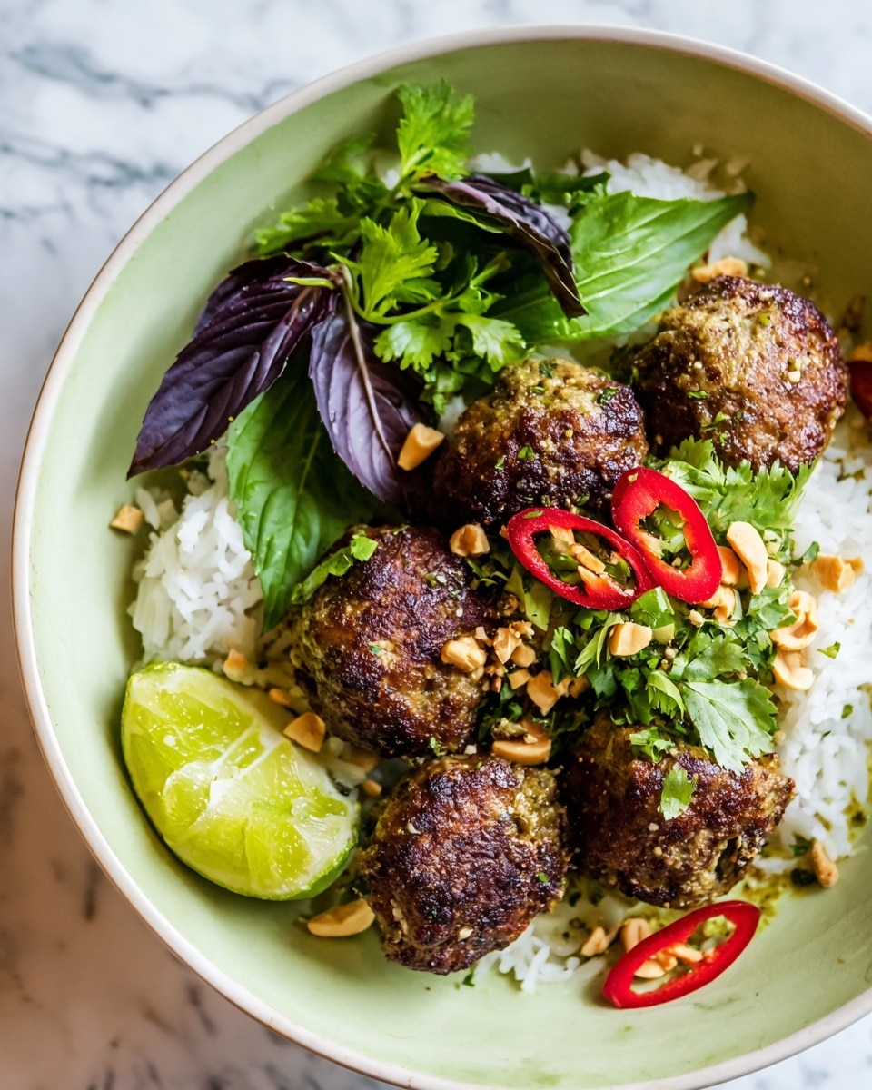 A white bowl filled with a base layer of white rice, topped with four browned meatballs with a coarse, crispy texture. On top of the meatballs are scattered thin slices of red chili and white onion, along with chopped peanuts. Bright green coriander leaves and deep purple basil leaves add fresh color, with a lime wedge placed on the inner edge of the bowl to the left. The bowl sits on a white marbled surface. Photo taken with an iphone --ar 4:5 --v 7