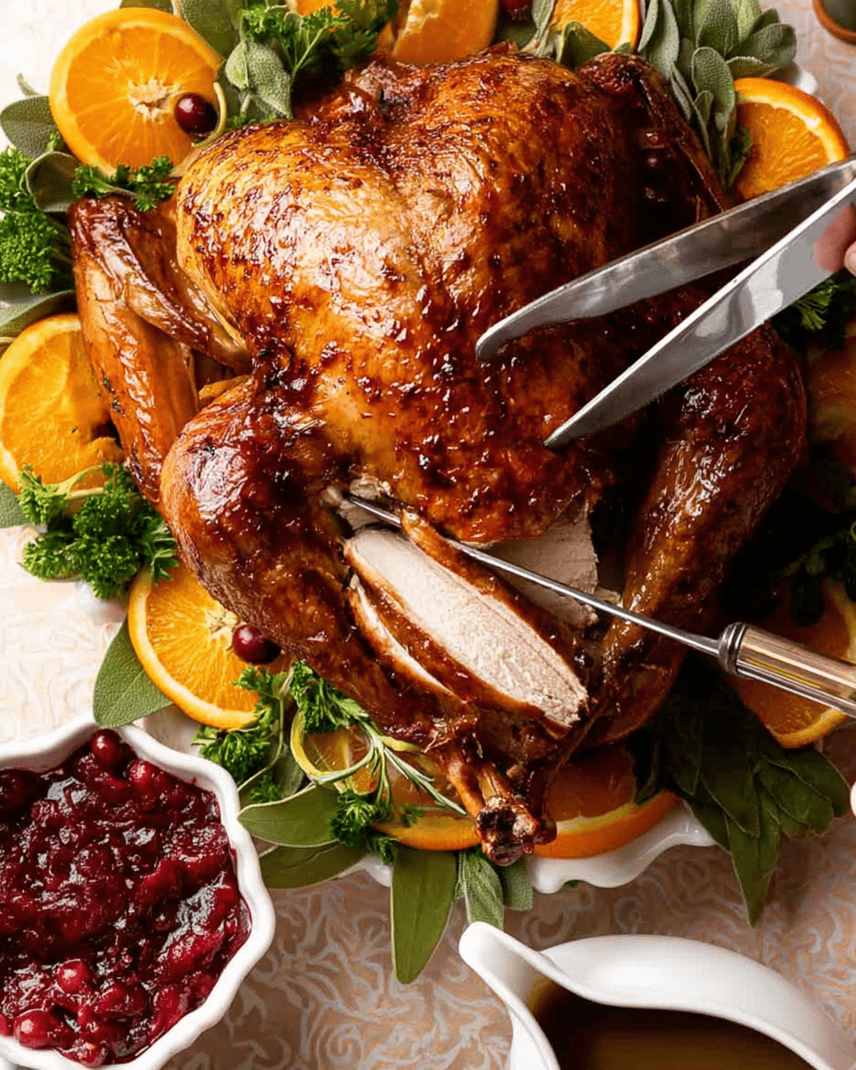 A whole roasted turkey with golden, crispy skin sits in the center, surrounded by fresh green herbs and bright orange slices arranged in a white marbled surface. The turkey is being sliced, showing white, juicy meat inside, with a woman's hand holding a carving fork and knife. To the right, there is a white bowl filled with rich red cranberry sauce and a white gravy boat with brown gravy. The colors are warm and inviting with the green, orange, and red contrasting the turkey’s deep brown skin. photo taken with an iphone --ar 4:5 --v 7