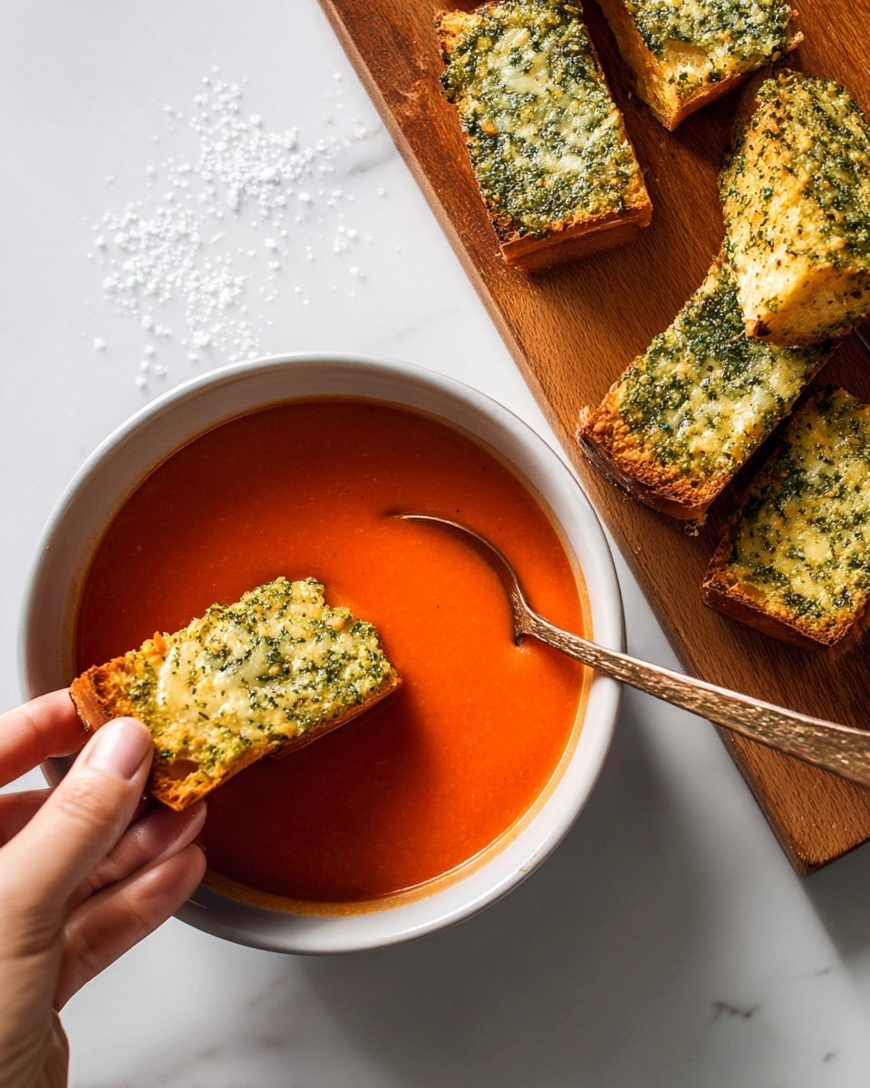 A white bowl filled with smooth, creamy tomato soup in a deep red-orange color, nearly full and sitting on a white marbled surface with small salt grains scattered around; a woman's hand is holding a rectangular piece of garlic bread with a textured green herb and cheese topping, half-dipped into the soup; beside the bowl, a wooden board holds several more pieces of the same garlic bread, each showing a golden brown, crispy edge with a thick layer of green herb mixture on top. Photo taken with an iphone --ar 4:5 --v 7