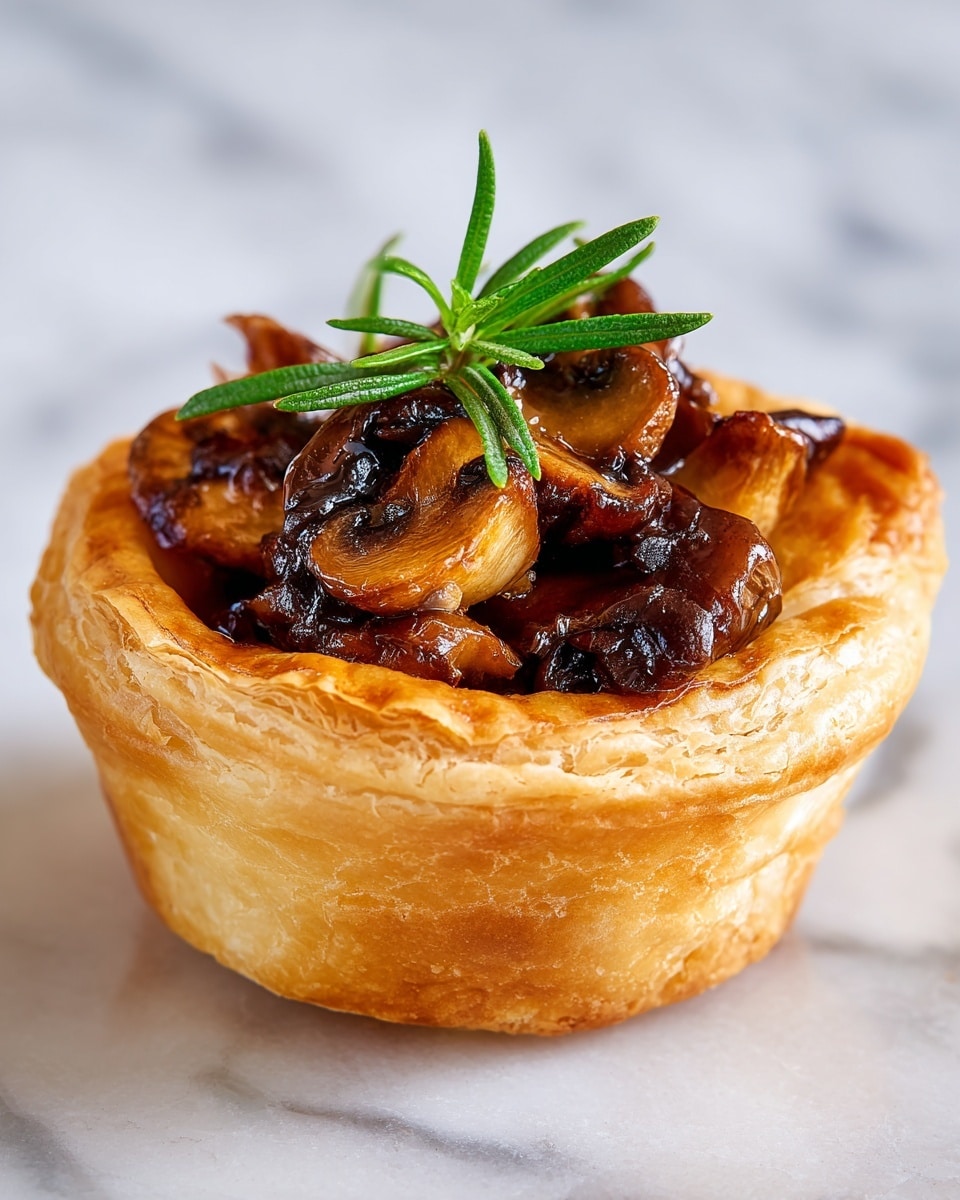 A close-up image of a round, golden-brown puff pastry with a flaky, crispy texture. The top layer is partially lifted, showing a dark, rich filling inside made of chopped mushrooms mixed with finely diced onions or garlic, and a few small sprigs of fresh green herbs placed on top. The puff pastry has several layers visible at the edges, showing its light and airy structure. The photo is taken on a white marbled surface. Photo taken with an iphone --ar 4:5 --v 7
