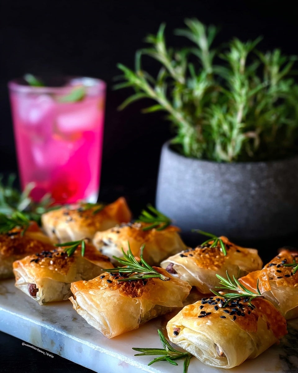 The image shows six golden-brown, crispy rolls wrapped in thin, flaky layers with slightly darker browned spots, arranged in two neat rows on a white marbled surface. Each roll is garnished with small black sesame seeds sprinkled on top and fresh green rosemary sprigs placed between and on top of the rolls, adding contrast and texture. Behind the rolls, there is a gray round pot filled with fresh rosemary, and to the left, a clear glass with bright pink liquid and ice cubes, also garnished with a rosemary sprig. The whole scene is set against a dark, blurred background that emphasizes the vibrant colors of the food and drink. photo taken with an iphone --ar 4:5 --v 7