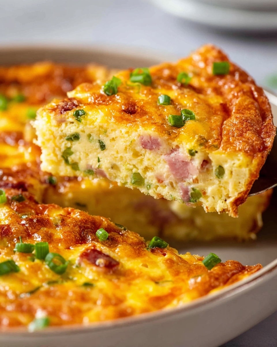 A close-up image shows a thick slice of baked egg dish being lifted from a round white pan. The dish has three visible layers: the top layer is golden-brown and crispy with melted cheese and small green onion pieces scattered on it; the middle layer is creamy yellow mixed with finely chopped green onions and pink ham bits; the bottom layer appears dense and soft, holding the slice together firmly. The white marbled surface is just barely visible in the background. Photo taken with an iphone --ar 4:5 --v 7