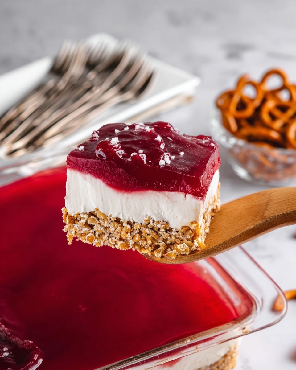 The image shows a close-up of a dessert square being lifted by a wooden spatula. The dessert has three layers: the bottom layer is a crunchy, golden-brown mixture with visible pieces that resemble crushed pretzels, the middle layer is a thick, smooth white cream, and the top layer is a glossy, deep red jelly with a slightly translucent texture. The dessert sits in a clear glass dish filled with the same red jelly layer. In the background, there is a white marbled surface with a white plate holding several silver forks and a glass bowl containing whole pretzels. The photo is bright and sharp, focused on the dessert piece. Photo taken with an iphone --ar 4:5 --v 7