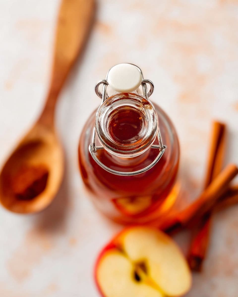 A close-up top view of a glass bottle filled with a rich amber liquid, with a metal clasp and white stopper on the neck. Around the bottle on a white marbled surface are cinnamon sticks and a half-cut red apple showing its yellow interior. An out-of-focus wooden spoon lies in the background. The colors are warm, with a soft light creating a cozy feeling. photo taken with an iphone --ar 4:5 --v 7