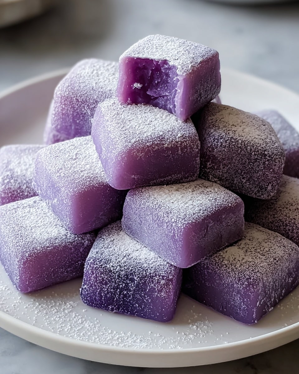 A white plate holds a stack of soft, square-shaped purple mochi pieces arranged closely together in two or three layers. Each mochi has a smooth, slightly translucent texture with a dusting of white powdered sugar covering the tops, giving a frosted appearance. One mochi in the middle shows a small bite taken out, revealing a consistent purple interior. The plate rests on a white marbled textured surface, with warm, natural light highlighting the subtle glossiness of the mochi. photo taken with an iphone --ar 4:5 --v 7
