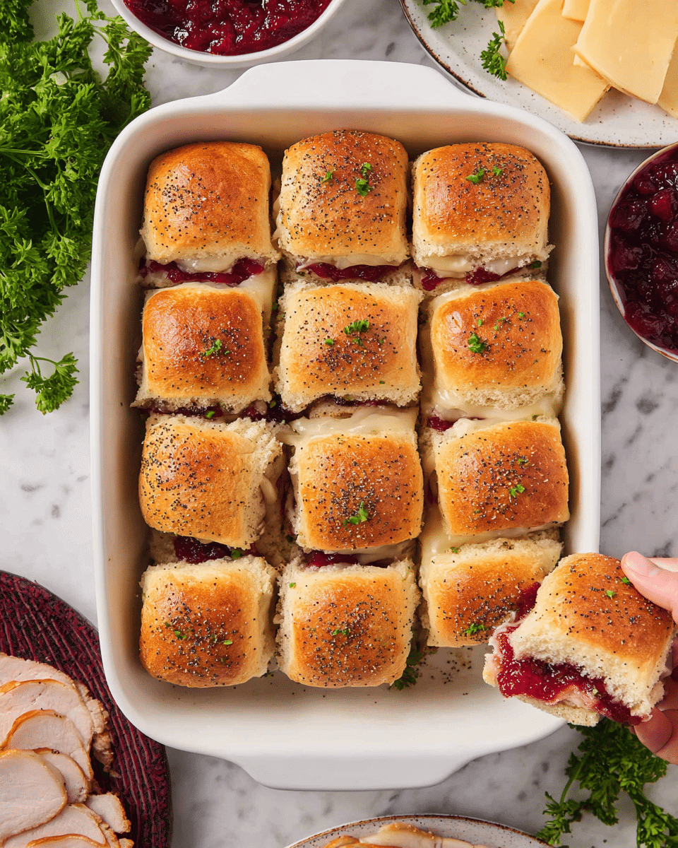 A white rectangular baking dish holds twelve small square sandwiches arranged in a neat grid, each sandwich featuring a golden-brown, slightly shiny top bun speckled with black poppy seeds and tiny green parsley bits. The sandwiches have three visible layers: the soft, toasted top bun in light golden color with a chewy texture, a middle filling of bright red cranberry sauce that looks thick and slightly chunky, and a bottom layer of melted pale yellow cheese with a smooth texture, all enclosed by a lightly browned bottom bun. Two sandwiches are slightly pulled apart showing the vivid red cranberry layer and melted cheese inside. The dish sits on a white marbled surface surrounded by fresh green parsley leaves, a bowl of cranberry sauce with a spoon, a plate of sliced cooked turkey breast, and a plate of pale yellow cheese slices. A woman's hand is pulling one sandwich in the baking dish. photo taken with an iphone --ar 4:5 --v 7