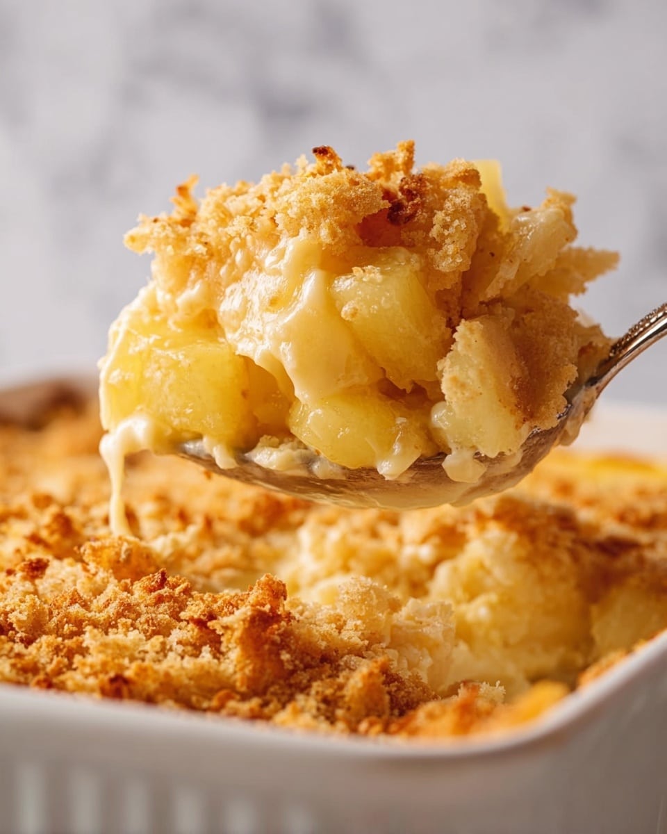 A white rectangular baking dish filled with a layered casserole. The bottom layer is pale, likely cooked potatoes or cauliflower, barely visible under a thick crumbly topping that is golden brown with rough chunks of crushed crackers or breadcrumbs scattered unevenly across the surface. A woman's hand with nude nail polish holds the dish on the right side. The dish rests on a white marbled surface, with a soft, light beige cloth partially visible at the top left corner. photo taken with an iphone --ar 4:5 --v 7