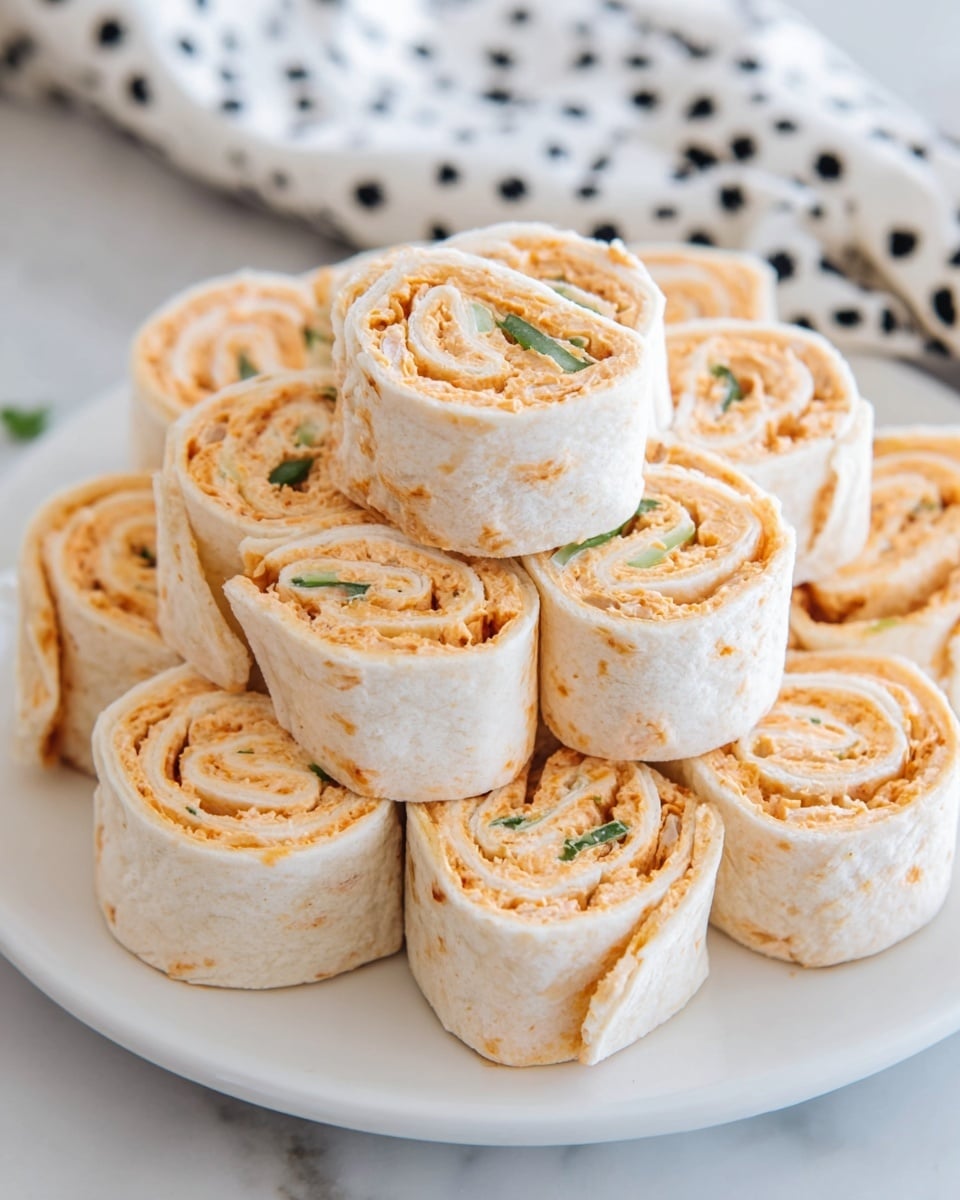 A white plate filled with multiple rolled pinwheel sandwiches stacked in a small pyramid. Each roll has two visible layers; the outer layer is a thin, soft, light beige tortilla, and the inner layer is a creamy orange filling with small green bits mixed in. The rolls show a spiral pattern, with the filling tightly wrapped inside the tortilla. The plate sits on a white marbled surface, and a corner of a white cloth with black spots is visible near the top. Photo taken with an iphone --ar 4:5 --v 7