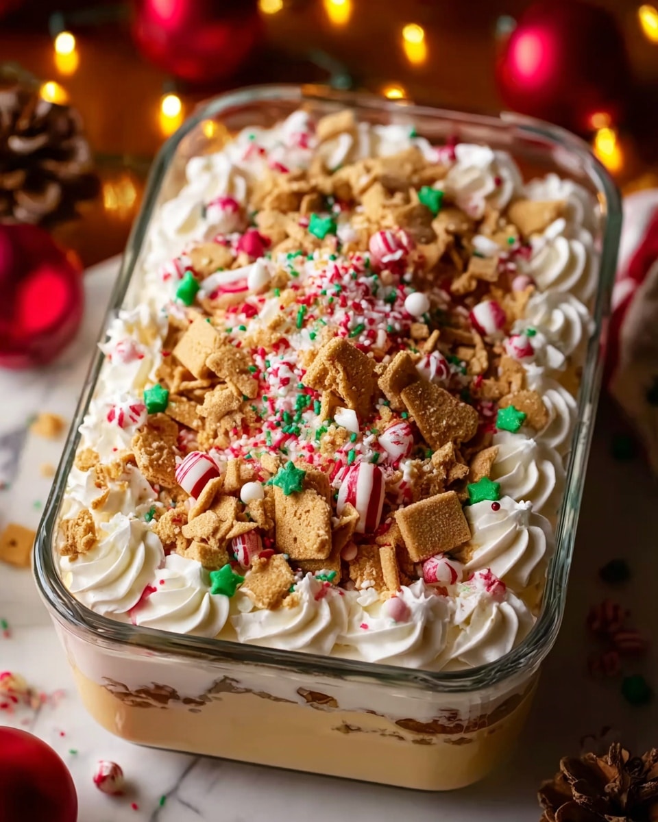 A clear rectangular glass dish filled with a festive layered dessert, showing three visible layers: the bottom layer is a smooth, creamy beige, the middle layer is white whipped cream with piped swirls around the edge, and the top is covered in a mix of crushed gingerbread cookies, red and white candy cane pieces, and colorful round and rod-shaped sprinkles in red, green, and pink. Scattered on top are also small star-shaped cereal flakes, creating a textured appearance. The dish sits on a white marbled surface with soft warm holiday lights and red Christmas ornaments and pine cones blurred in the background. Photo taken with an iphone --ar 4:5 --v 7
