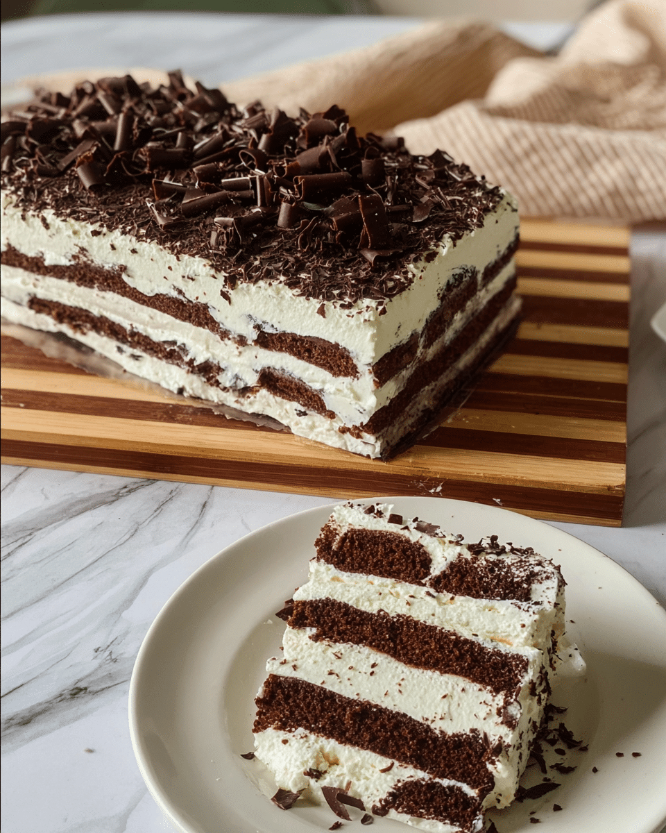 The image shows a rectangular layered cake with five visible dark brown chocolate sponge layers and four creamy white layers between them, topped with a thick layer of whipped cream. The top of the cake is covered with a generous amount of dark chocolate shavings, which add texture and a rich brown color contrast. On the right side, a slice of the cake is served on a white plate with a colorful design in the center, showing the same layers distinctly. The cake is placed on a light wooden striped cutting board over a white marbled surface with a beige checkered cloth in the background. photo taken with an iphone --ar 4:5 --v 7