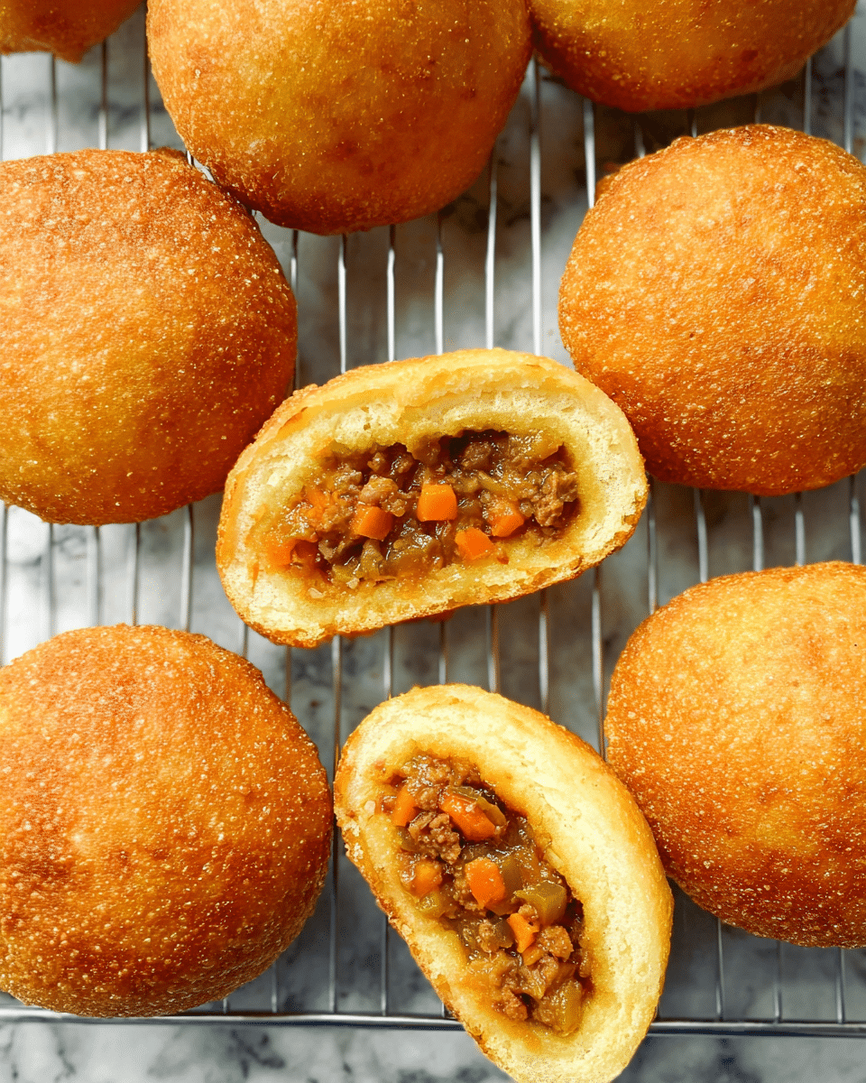 The image shows several round, golden-brown fried buns with a crispy, textured outer layer arranged on a metal cooling rack placed over a white marbled surface. One bun is cut in half at the center, revealing a thick filling inside with small pieces of orange carrot, brown meat, and other finely chopped vegetables in a glossy, thick sauce. The bun dough appears soft and slightly fluffy with a light yellow color on the inside. The overall look is warm and crunchy with a rich, savory filling. Photo taken with an iphone --ar 4:5 --v 7