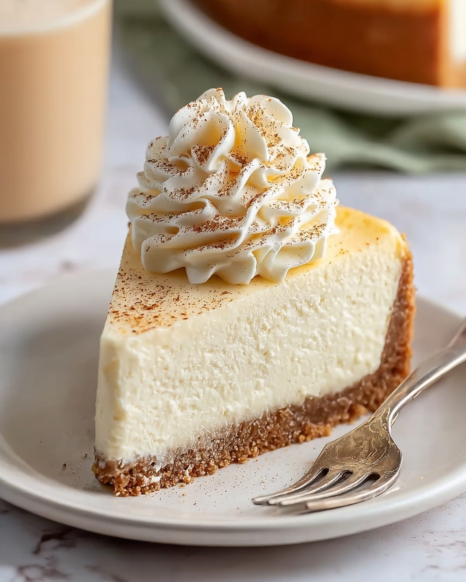 The image shows a creamy cheesecake with three distinct layers. The base layer is a thick, crumbly golden-brown crust that lines the bottom and sides. The middle layer is thick and smooth, pale cream in color, forming the main body of the cake. On top, there is a thick, smooth, off-white creamy layer, decorated with swirls of piped white whipped cream evenly spaced around the top edge. Light brown specks, likely cinnamon or nutmeg, are sprinkled over the whipped cream, adding a touch of texture and color. The cheesecake is displayed on a simple white plate set on a white marbled surface with some crumbs scattered around. Photo taken with an iphone --ar 4:5 --v 7